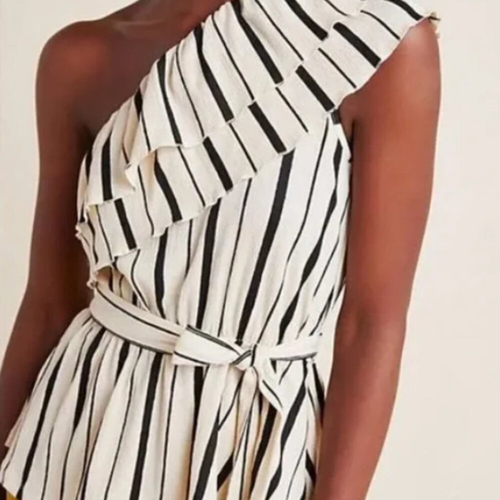 Maeve by (Anthro) women Rita ruffle, one shoulder, cream, striped Blouse Medium